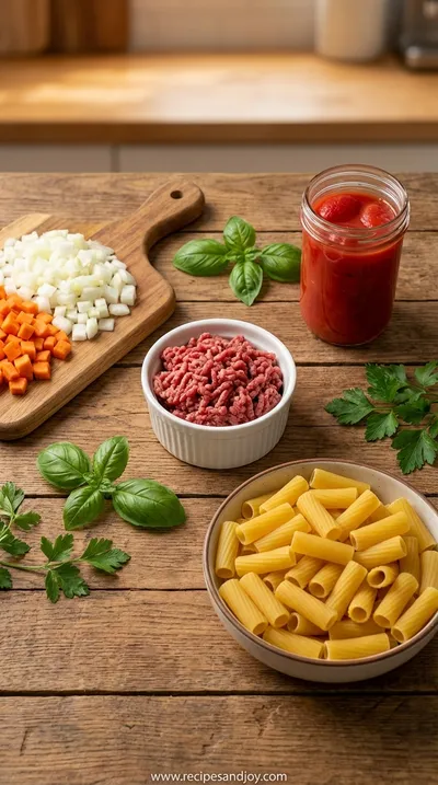 Beef Ragu Pasta Recipe in Tomato Sauce - Easy Dinner - ingredients preparation