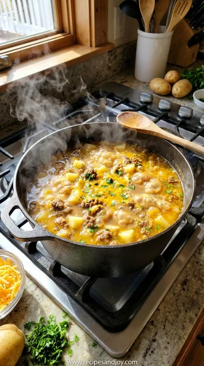 Easy Cheesy Hamburger Potato Soup Recipe - cooking process