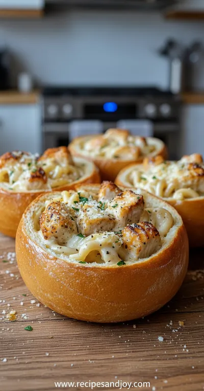 Chicken Alfredo Garlic Bread Bowls Recipe - ready to serve