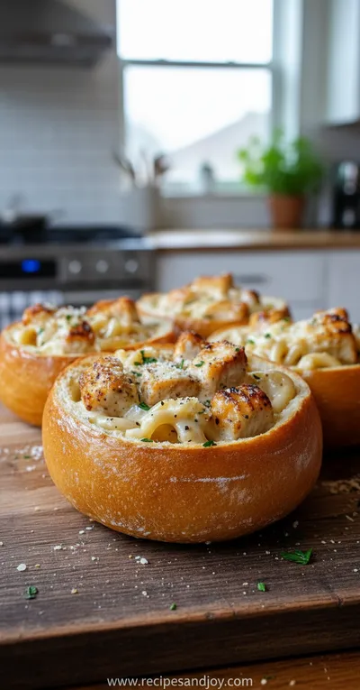Chicken Alfredo Garlic Bread Bowls Recipe