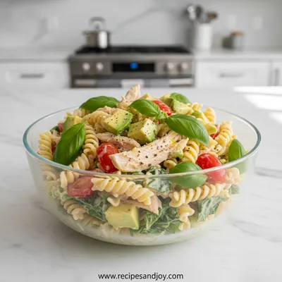 Healthy Chicken Pasta Salad with Avocado, Tomato, and Basil