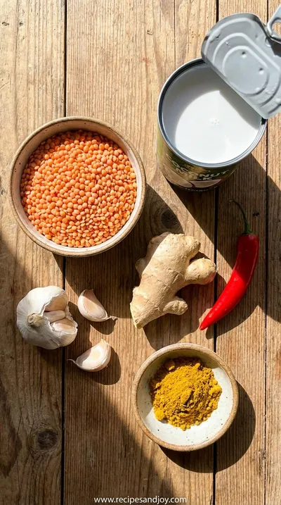 Easy Coconut Curry Lentil Soup Recipe in 50 Minutes - ingredients preparation