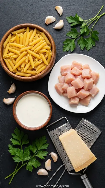 Creamy White Sauce Pasta With Chicken: Quick & Easy Recipe - ingredients preparation