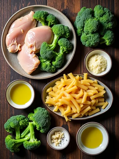 High Protein Rotisserie Chicken Broccoli Pasta - ingredients preparation