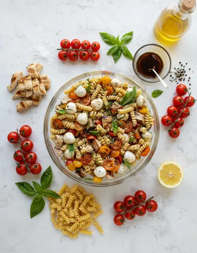 Layered Grilled Chicken Caprese Pasta Salad - cooking process
