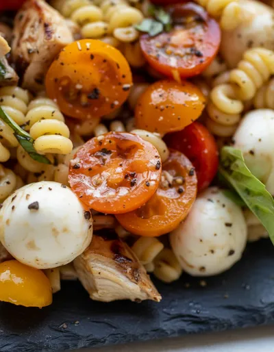 Layered Grilled Chicken Caprese Pasta Salad