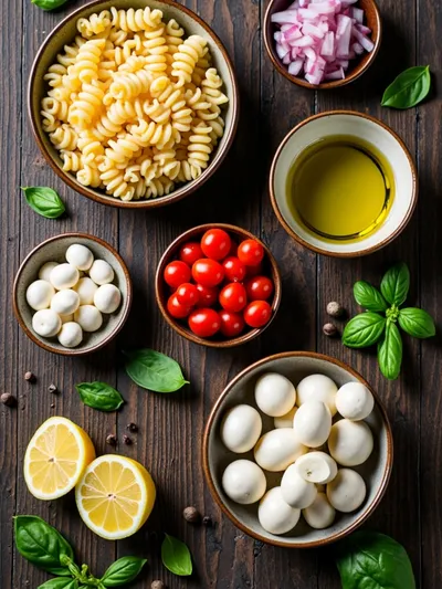 Peseto Pasta Salad with Tomatoes & Mozzarella - ingredients preparation